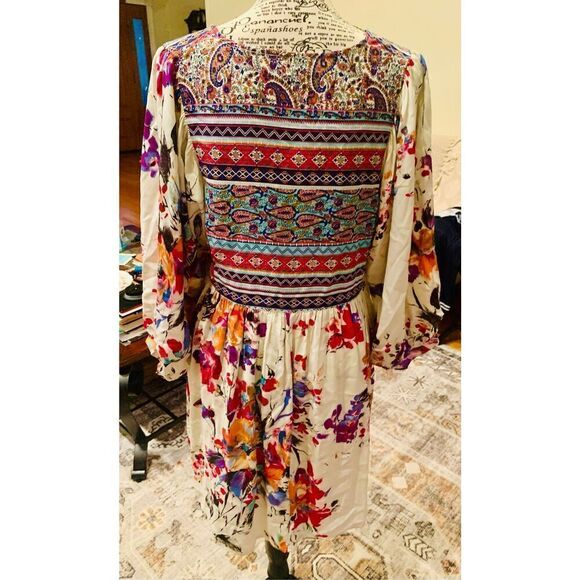 Umgee (Size M) Multicolor Floral Boho Mini Half Sleeve Trapeze Swing Dress - Picture 8 of 11